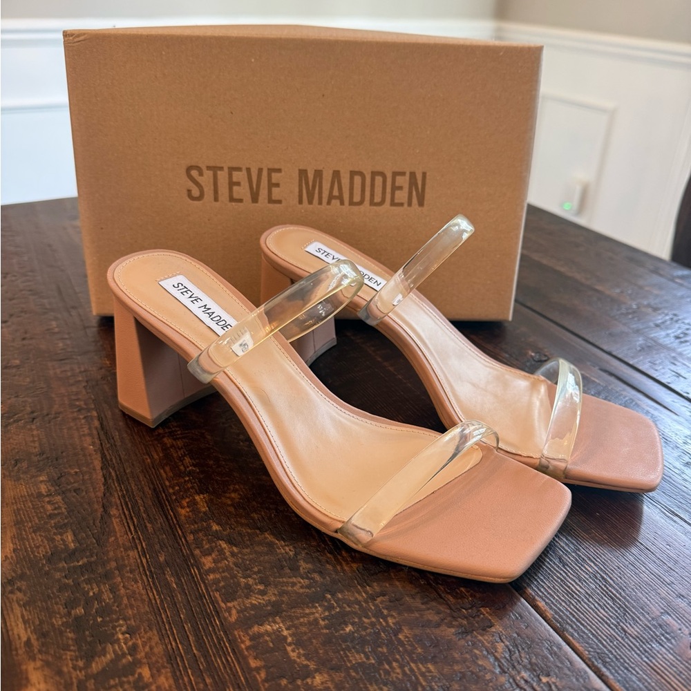 Steve Madden Lilah Clear Strap Tan Heels NEW